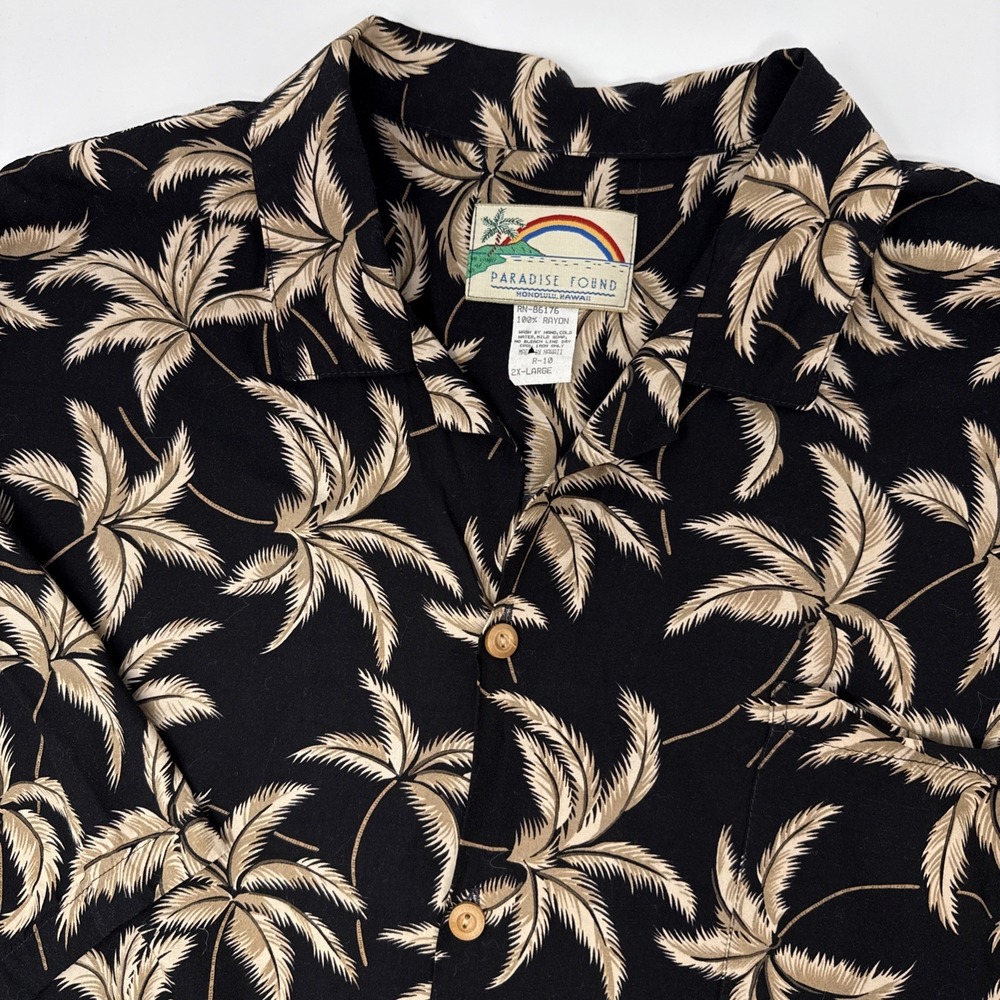 Paradise Found Mens 2XL Hawaiian Shirt Black Tan Palm Tree Rayon Made in Hawaii